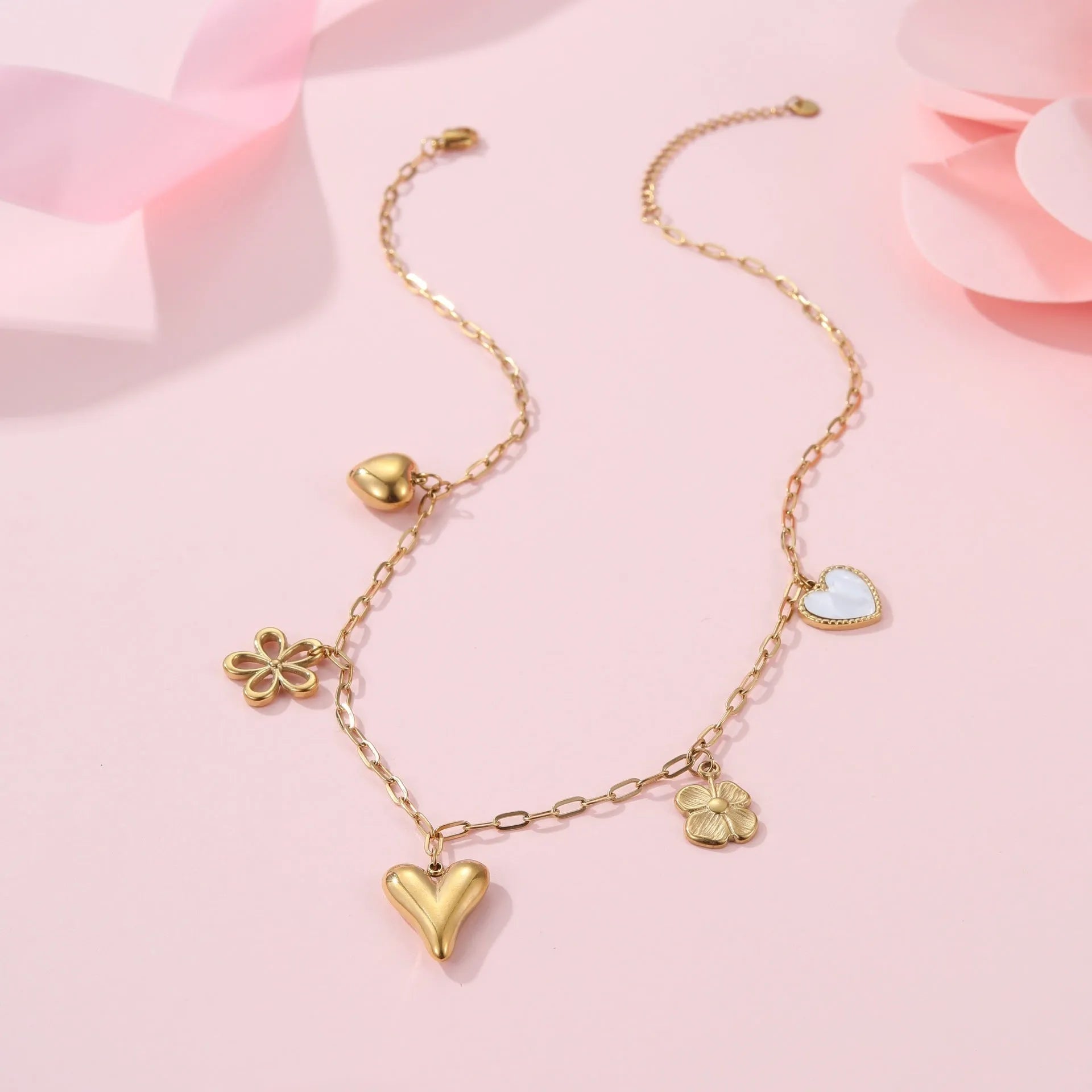 Sun Love stainless steel necklace with 18K gold electroplated heart or sun pendant on adjustable chain