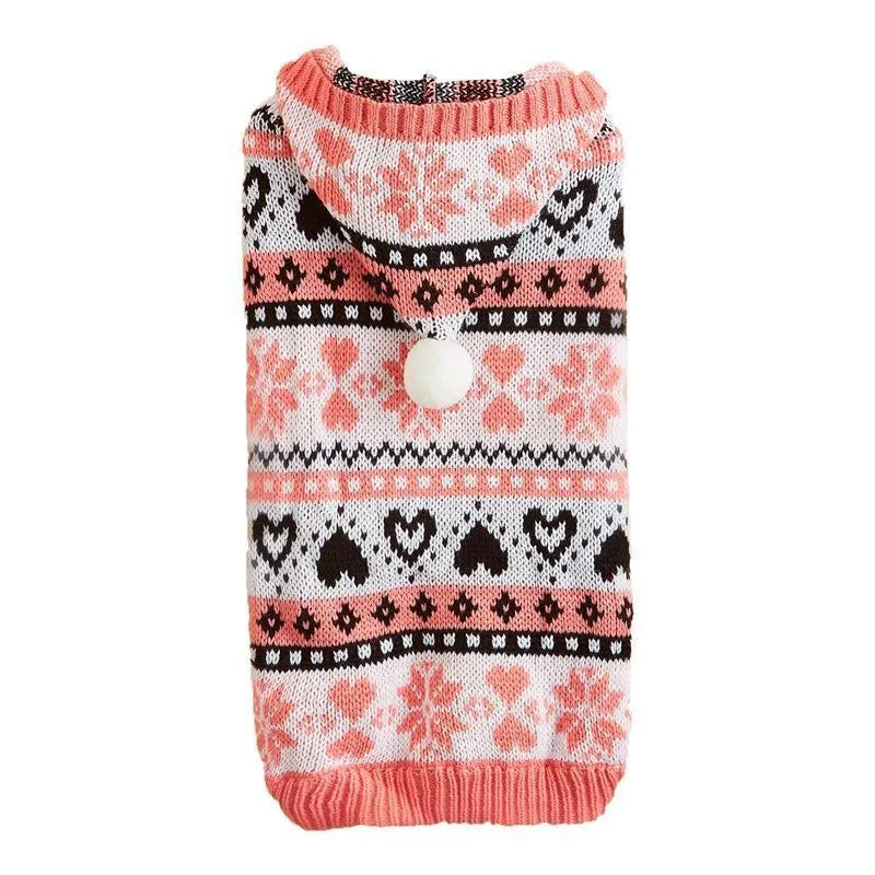 Acrylic knitted dog sweater with snowflake stripes in pink on small white dog