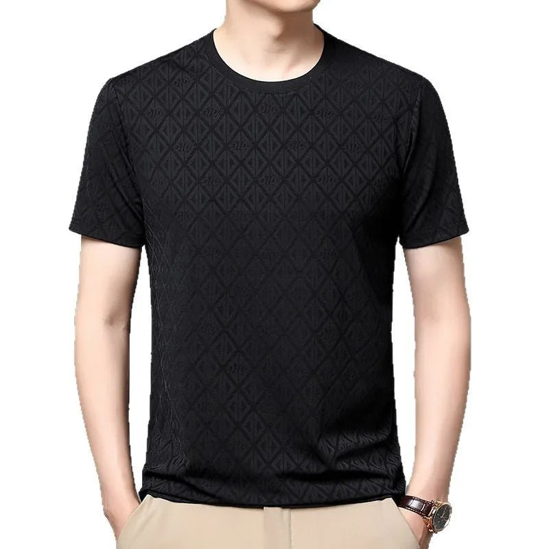 Men's round neck jacquard short sleeve casual shirt in polyester ice silk fabric