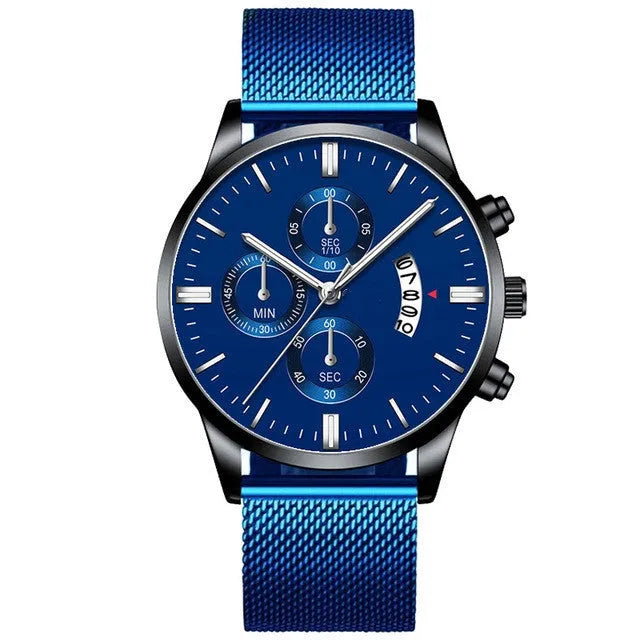 Men's stainless steel mesh band quartz watch with analog display on a wrist