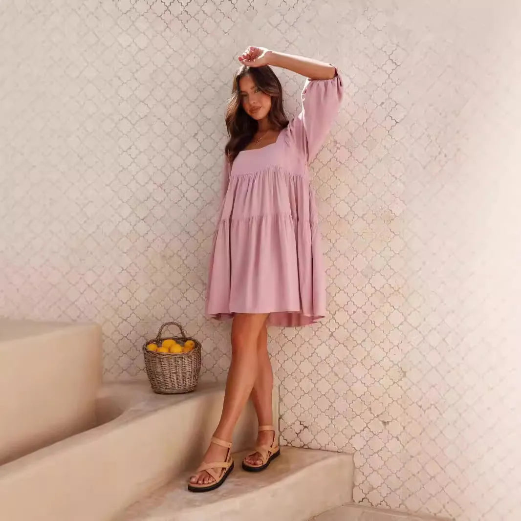 Children's backless dress with square collar and puff sleeves in A-line silhouette