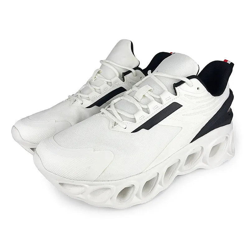 Men's low top casual sports shoes in mesh with a lightweight EVA sole, shown in black, white, and dark blue.