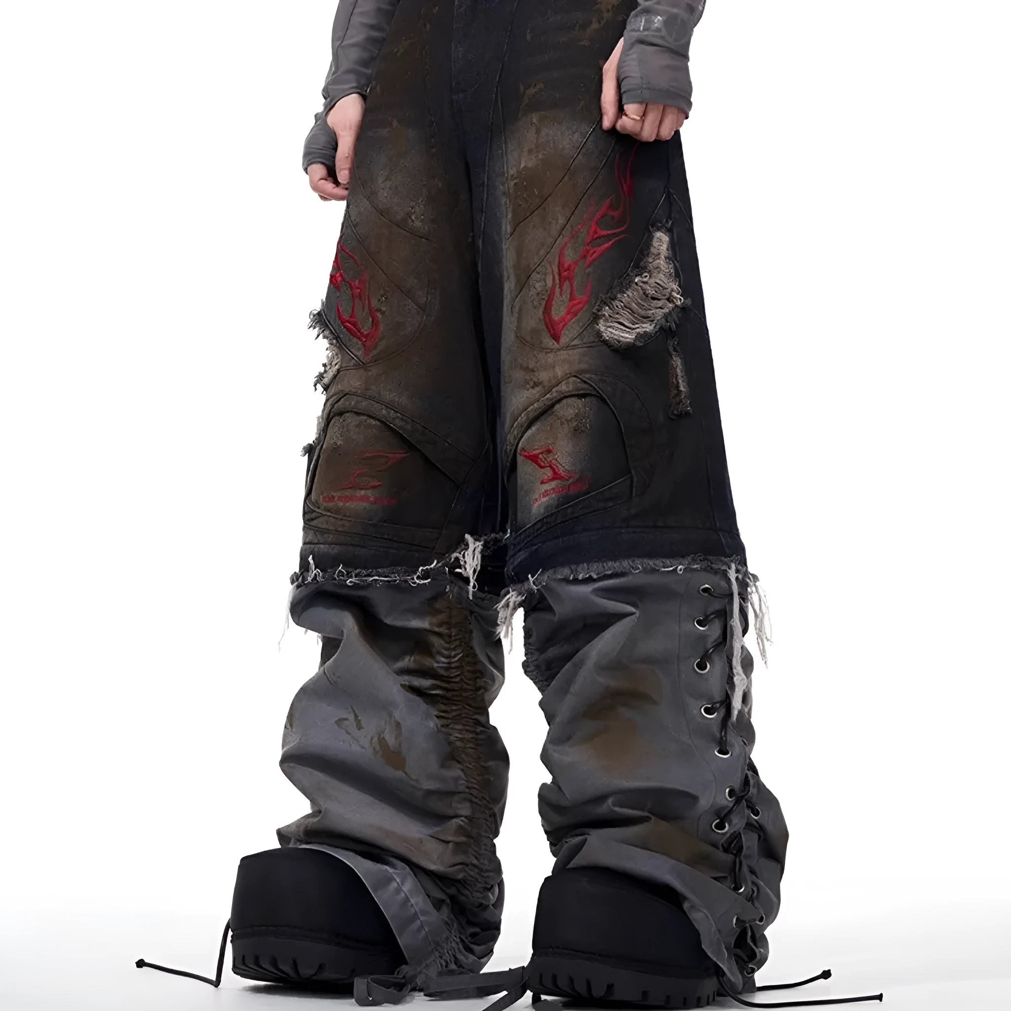 Men's retro-style denim jeans with detachable legs in a wide-leg, loose fit.