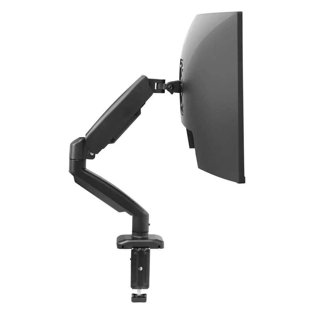 Black rotating telescopic LCD screen bracket elevating a monitor on a desk.