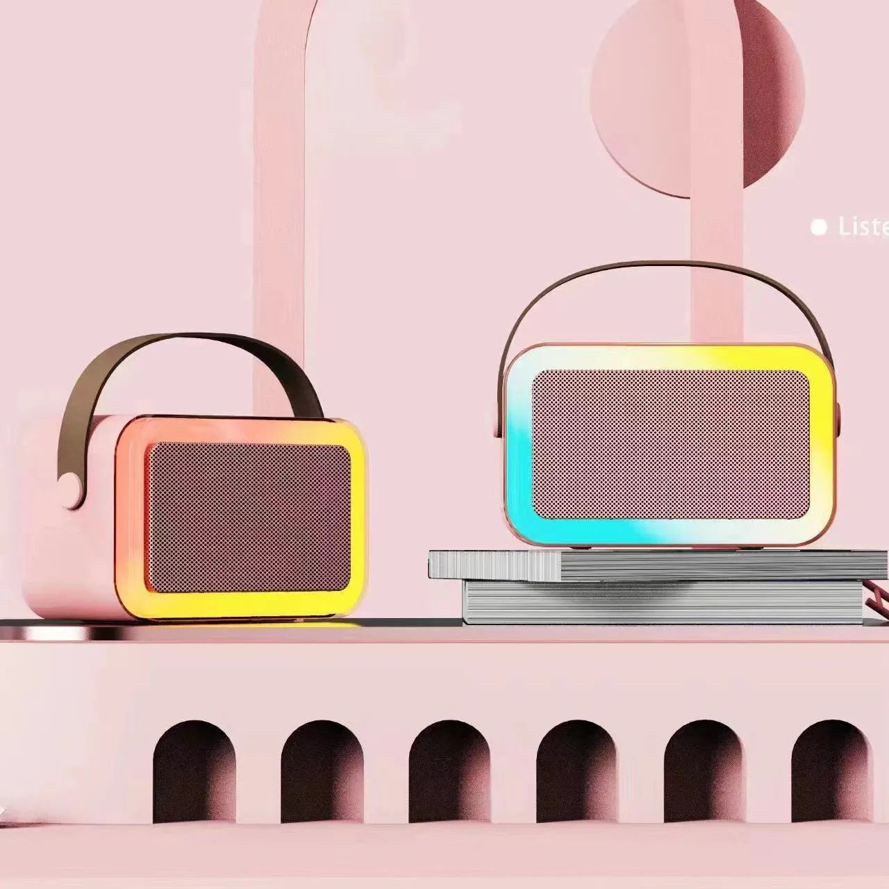 Portable Bluetooth microphone speaker with coloured LED lights in white, pink, or sky blue colour options