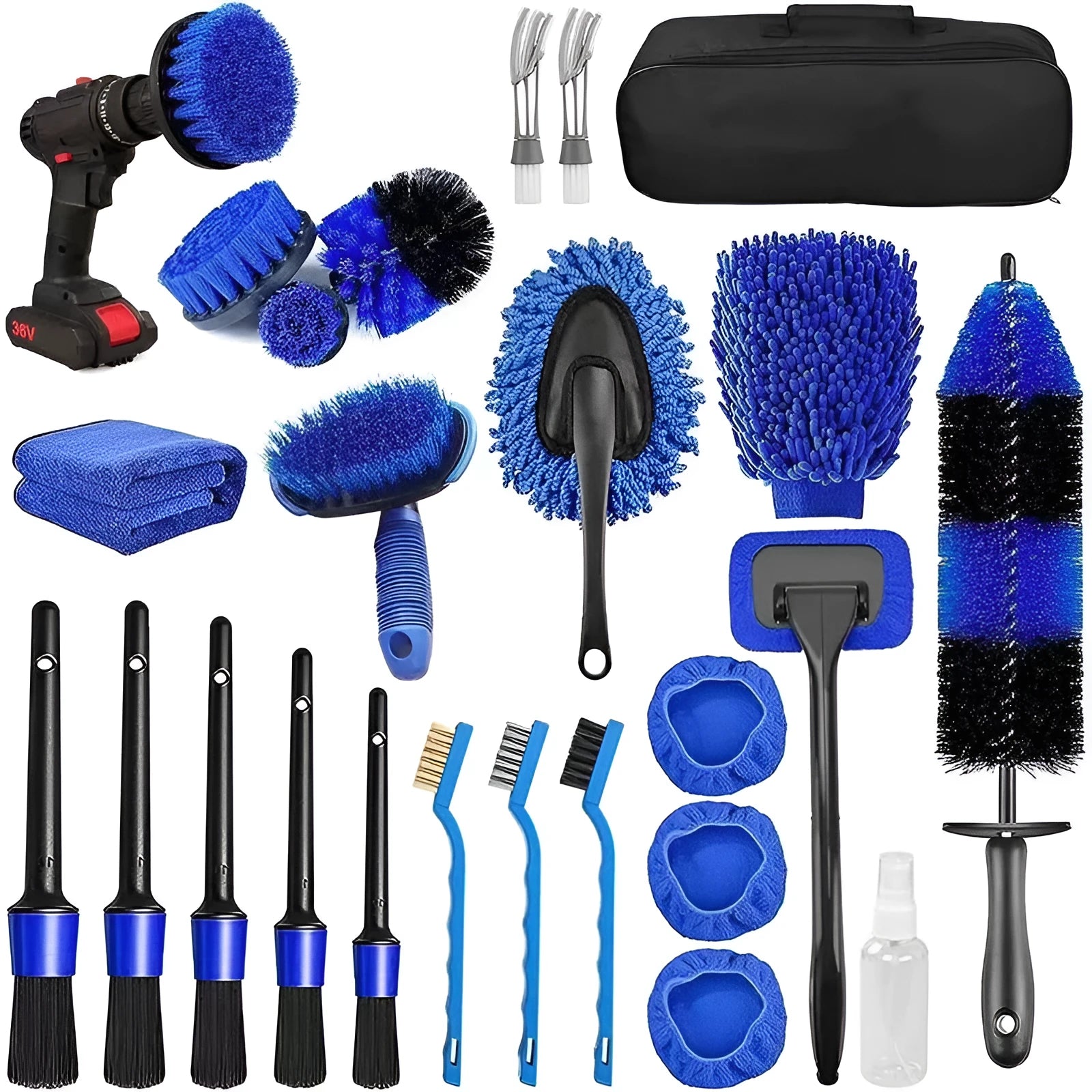 26-piece car cleaning brush kit with various PP bristle brushes for tyre and interior detailing