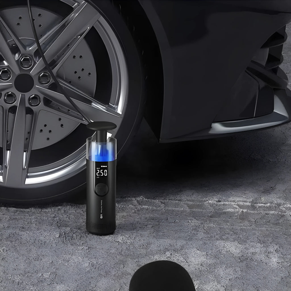 12V electric high-pressure car tyre air pump with long black cable and digital display.