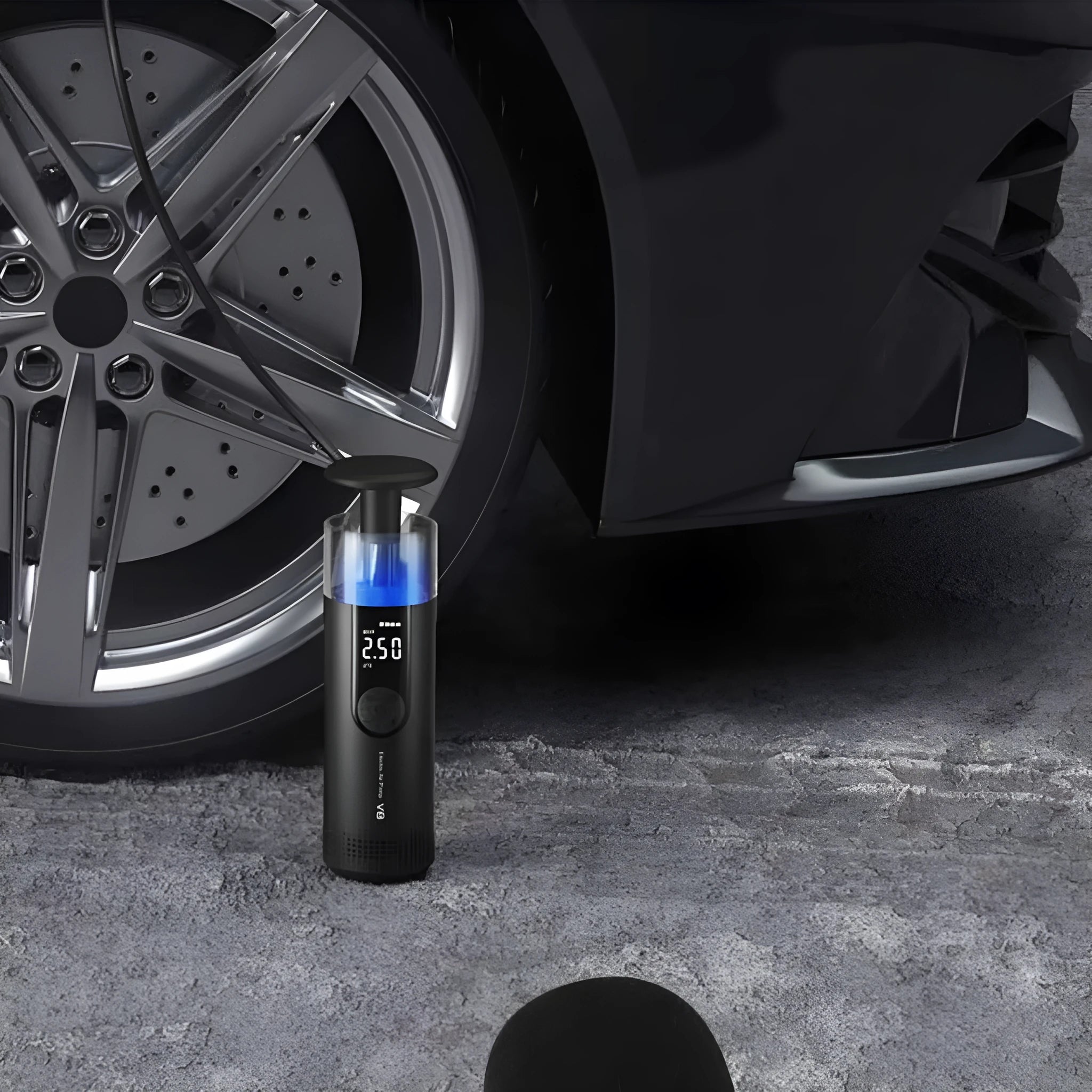 12V electric high-pressure car tyre air pump with long black cable and digital display.