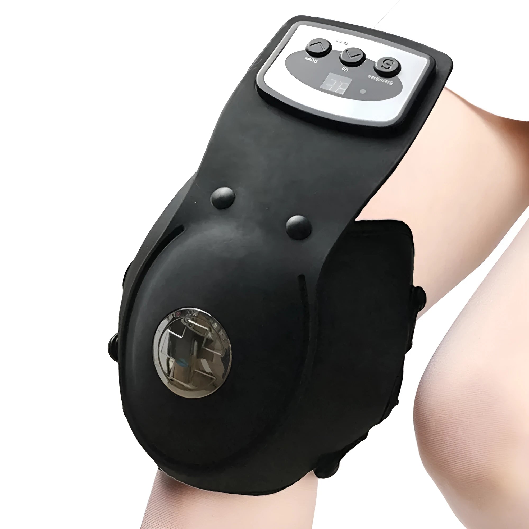 Knee massager unit with infrared heat therapy, adjustable temperature control, and included knee pads and shoulder pads.