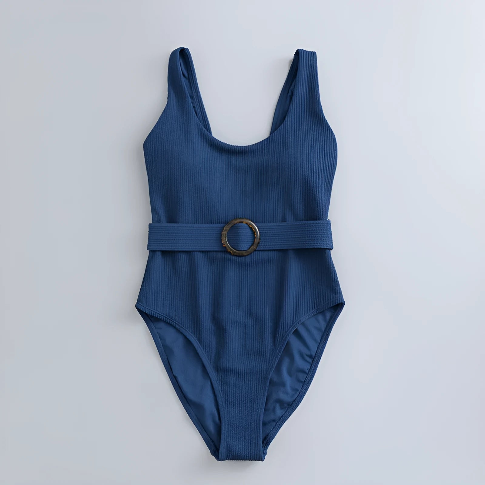 Navy blue women's one-piece slimming triangle swimsuit with chest pads on mannequin