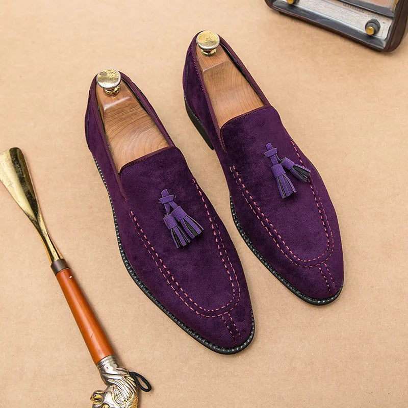 Men's suede matte fashion leather shoes in blue and purple with artificial PU upper and injection moulded sole