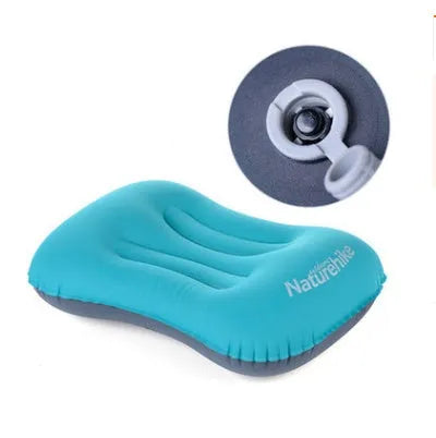 Fruit green inflatable travel pillow with peacock blue pillow case for camping