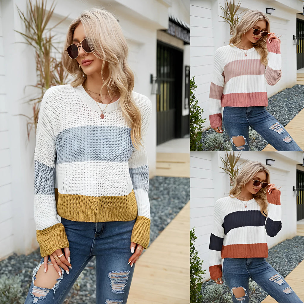 Women's short striped pullover sweater in loose fit with regular sleeves