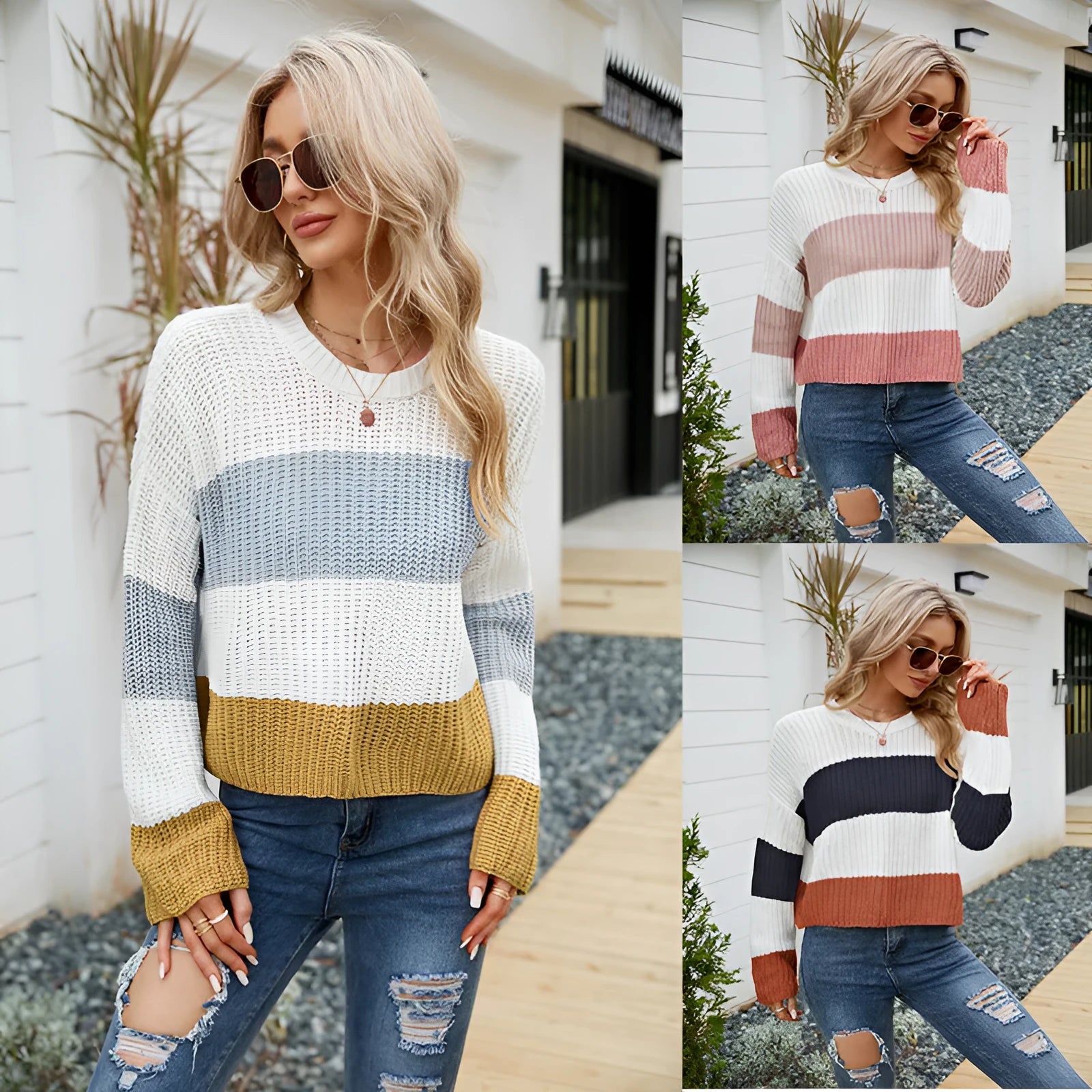 Women's short striped pullover sweater in loose fit with regular sleeves