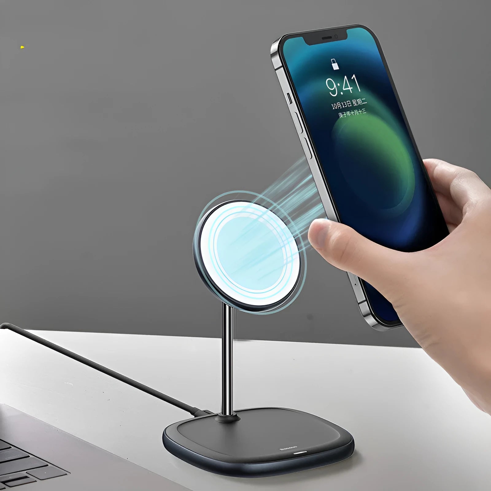 Swan magnetic desktop wireless charging stand for iPhone 12 in black and white colour options.