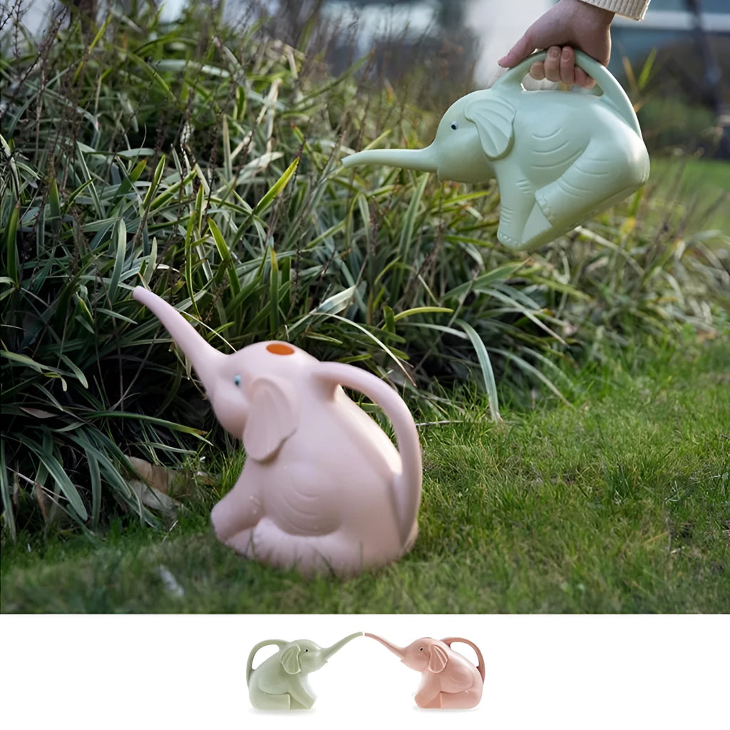 Pink elephant-shaped children's watering can with long nozzle and baby bottle handle.
