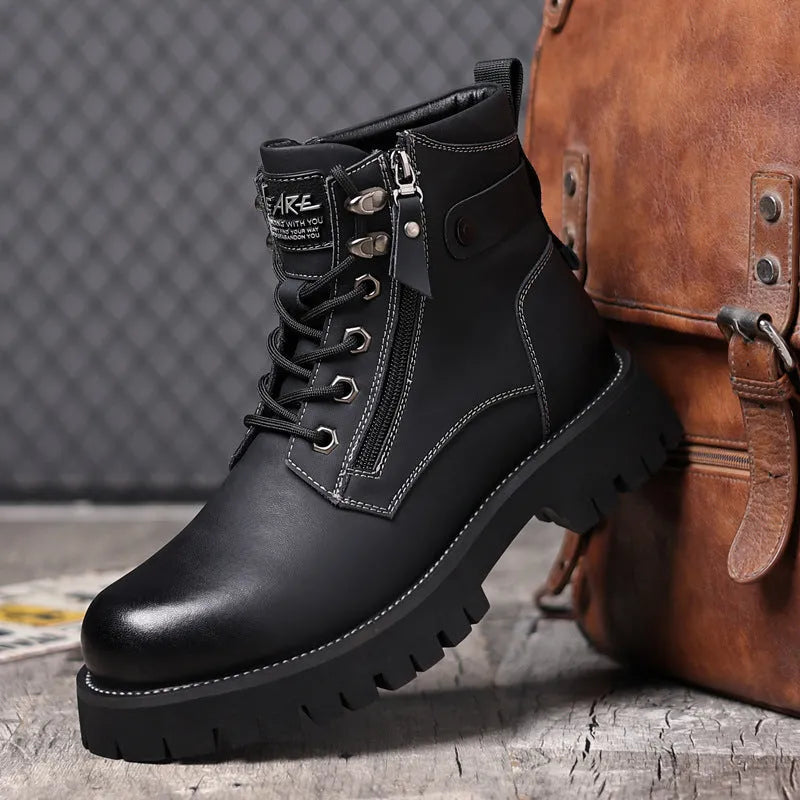 Men's brown leather high-top boots with side zip, thermal lining, and rubber sole