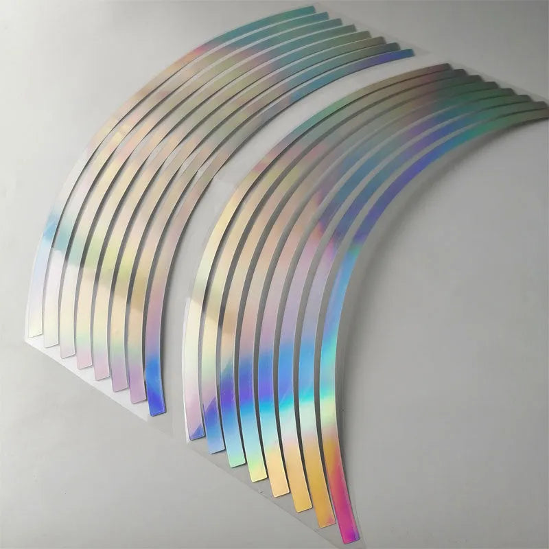 Waterproof laser reflective stickers for 12-inch to 18-inch car and motorcycle wheel hubs.