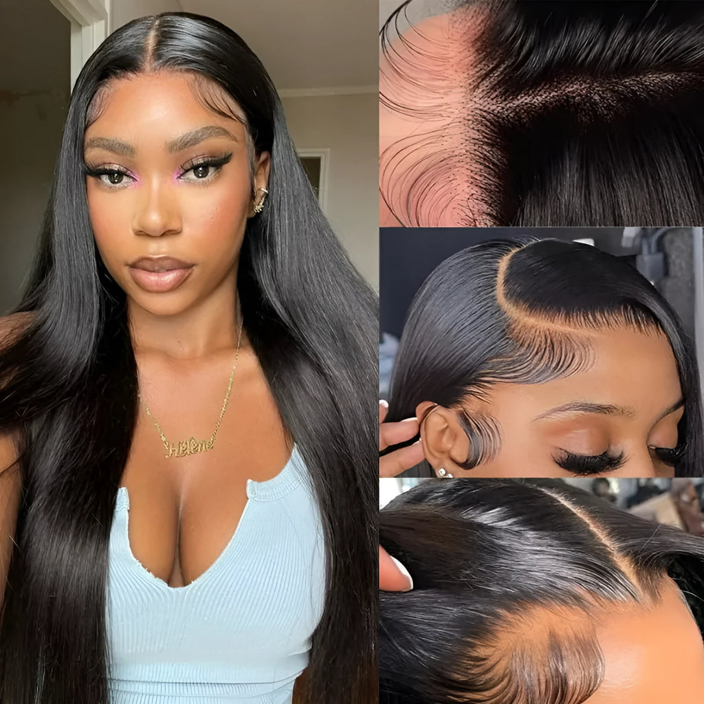 Straight black human hair wig with HD transparent lace front in 13x6 size