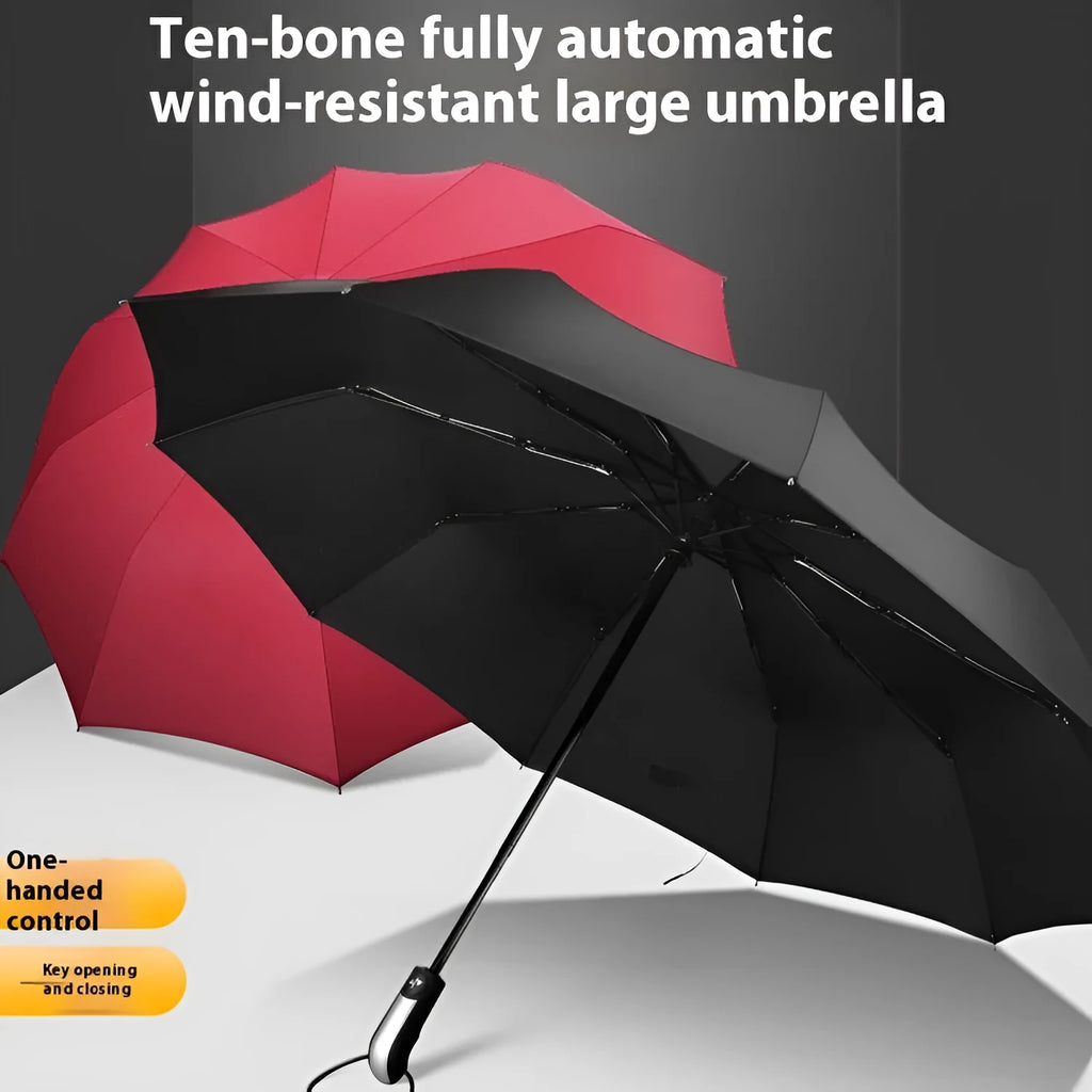 Large black automatic triple-fold business umbrella with steel ribs and rubber handle