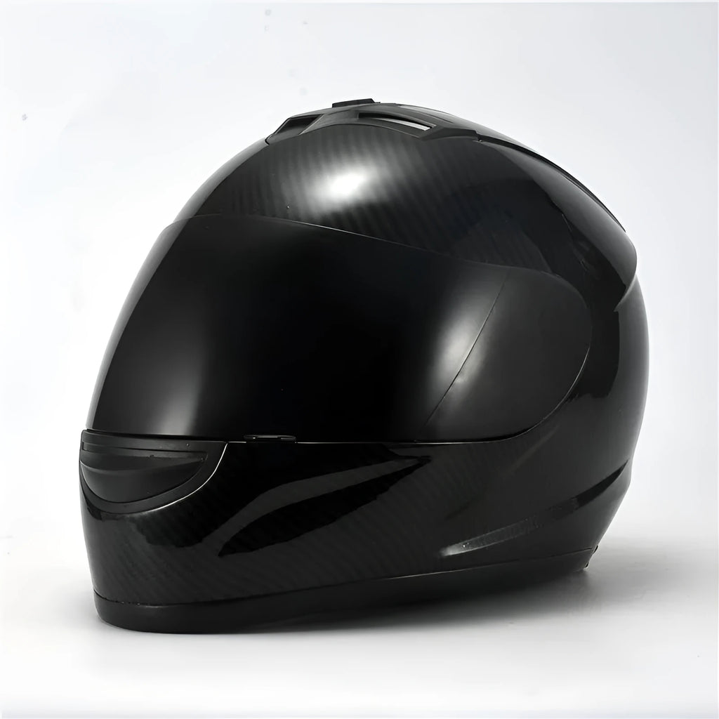 Winter warm motorcycle helmet with ABS shell, EPS lining, curly velvet interior, removable ears, shown in bright black tea mirror finish