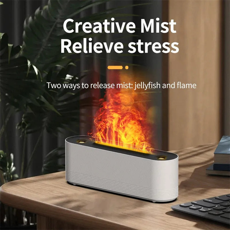 Black Flame Air ultrasonic humidifier diffuser emitting cool mist with a multi-colour LED flame light effect at its base.