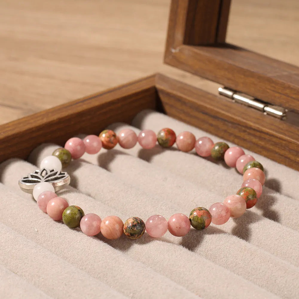 Rhodonite crystal natural stone seven pulse lotus bracelet French retro handmade colour L1381