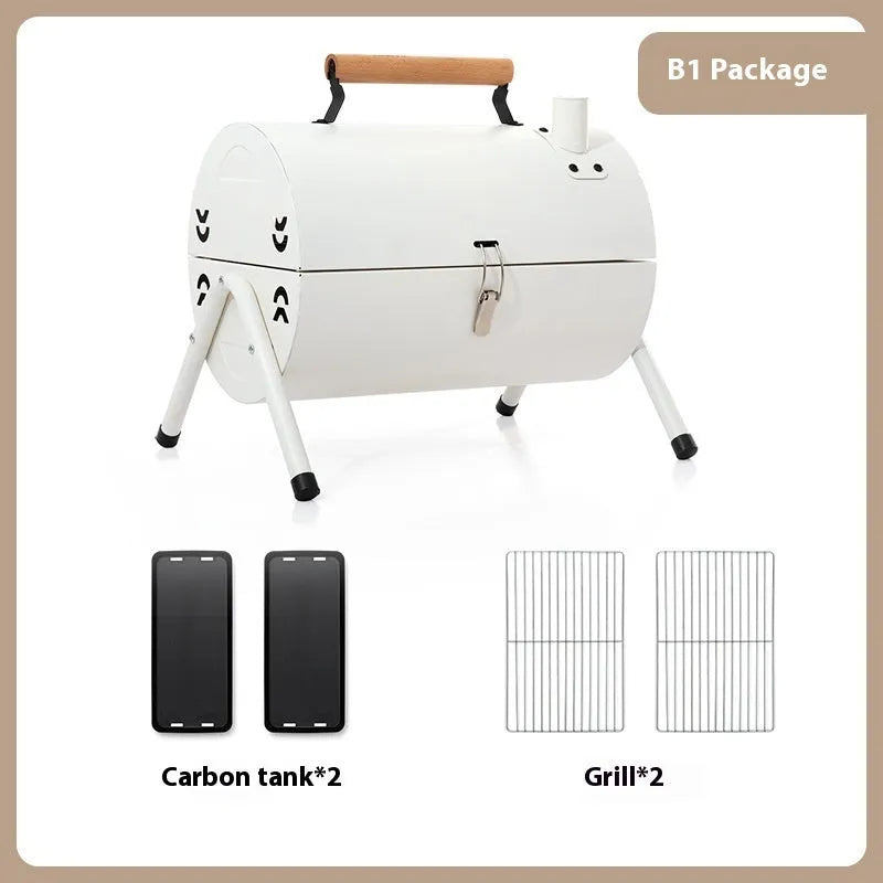 White portable round chimney oven grill with frying and baking capabilities, carbon tanks, and mesh inserts