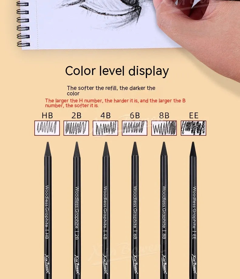 Set of six wood-free graphite sketching pencils with grades HB, 2B, 4B, 6B, 8B, EE for art drawing