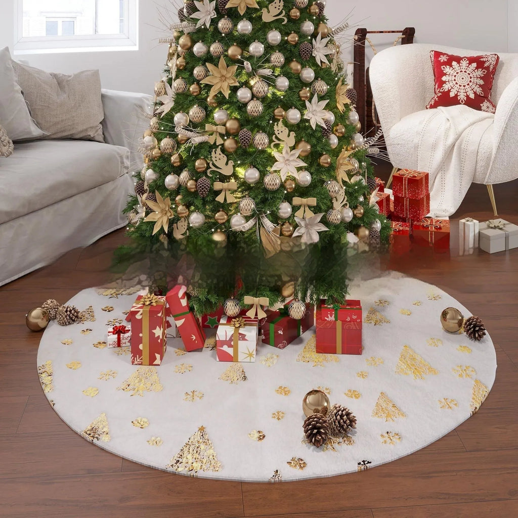 Christmas tree plush group mat with snowflake and cedar decorative designs in multiple sizes
