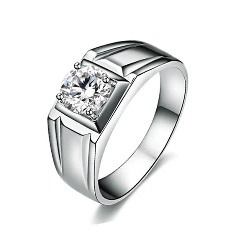 Men's adjustable square ring with large cubic zirconia stone in gold tone and platinum tone finishes.