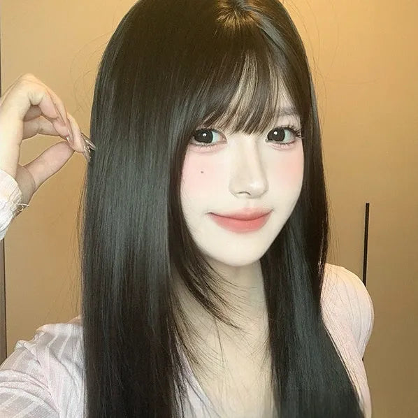 Dark brown long straight full-head wig with fringe made from high temperature synthetic fibre