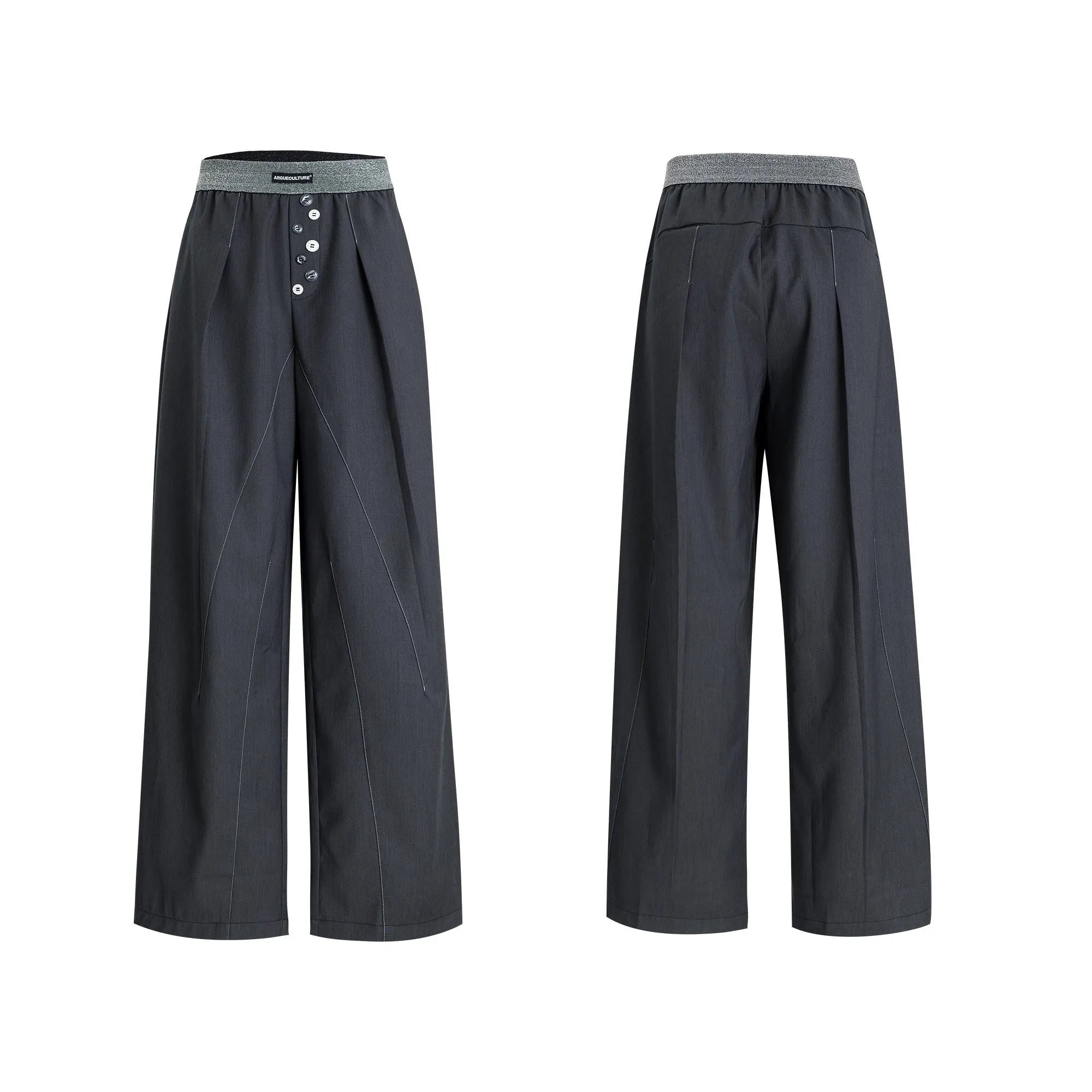 Man's black high-waisted straight-leg casual trousers with a button fly.