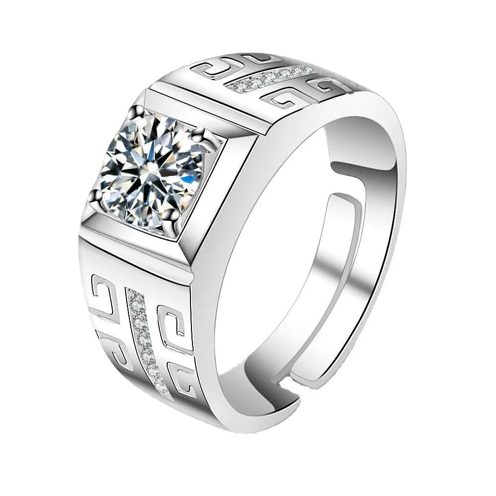 Men's adjustable square ring with large cubic zirconia stone in gold tone and platinum tone finishes.