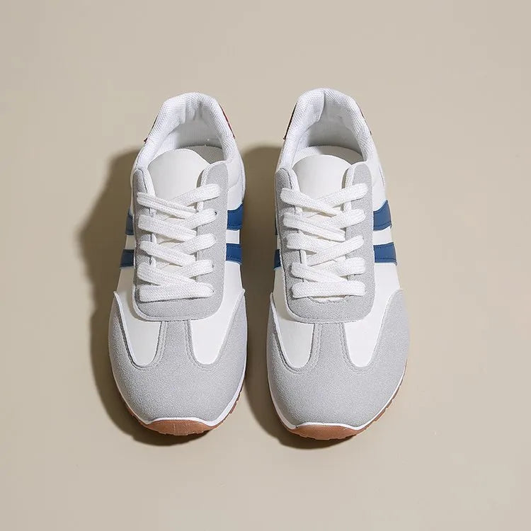 Blue and grey Cortez stripes leisure sports shoes with rubber sole and round toe.