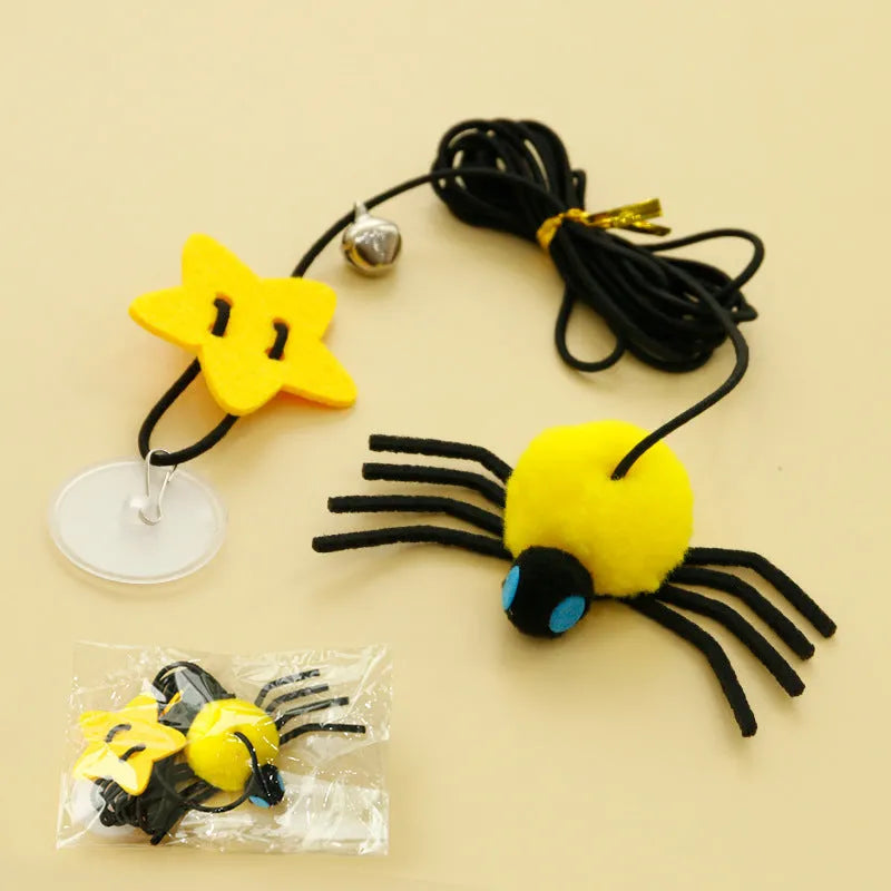 Red hanging door cat toy with elastic rope feather stick bell spider attachment