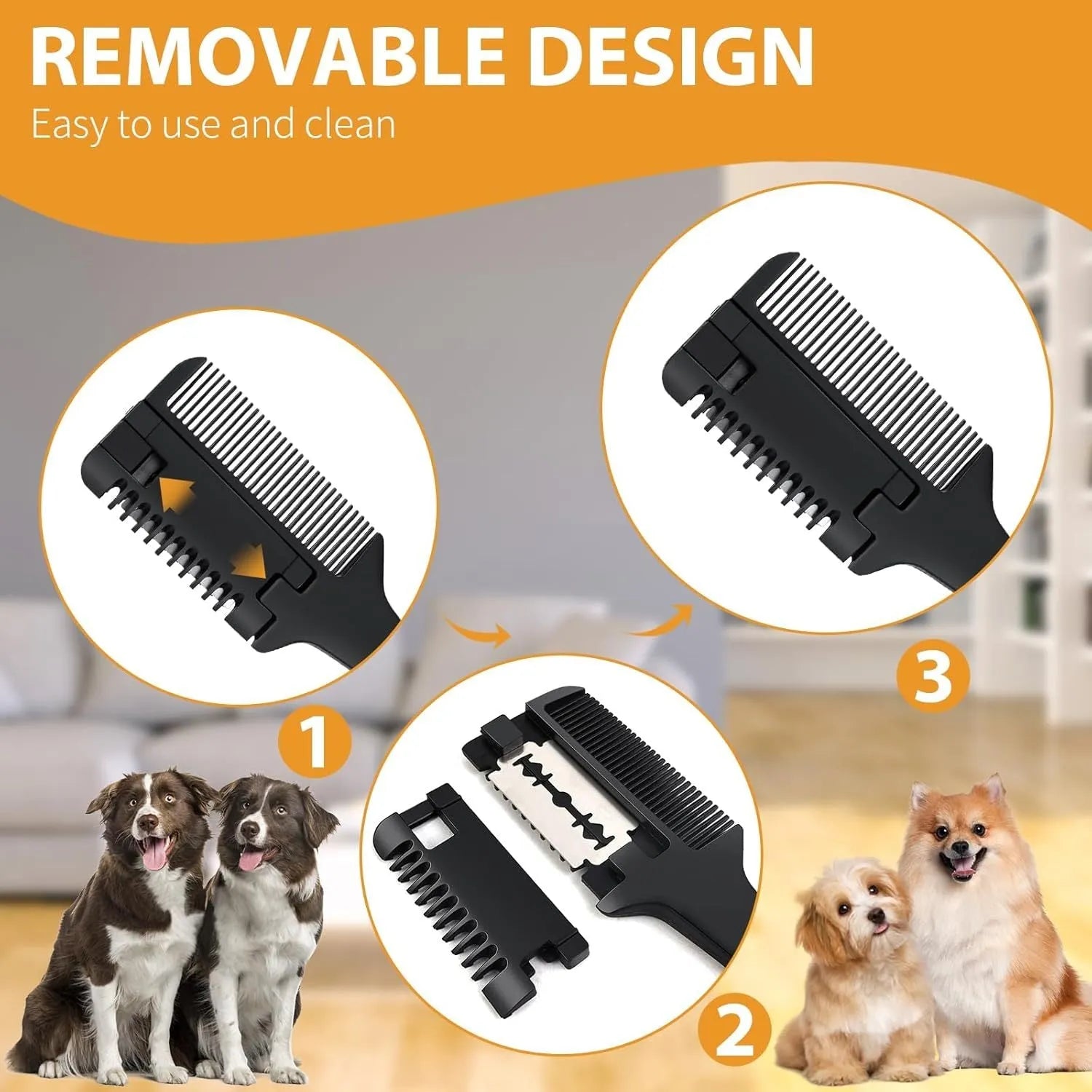 A 2-in-1 razor comb for grooming dogs and cats, shown with spare blades, on a neutral background.