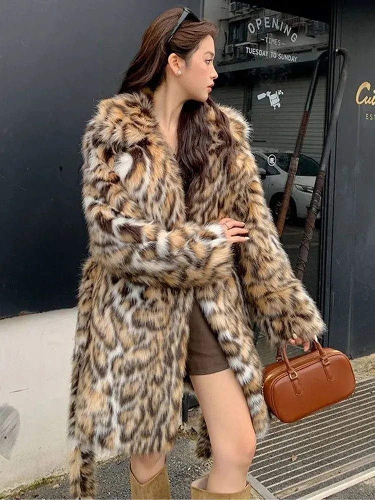 Women's faux fur coat with a large fur collar in a street fashion style.