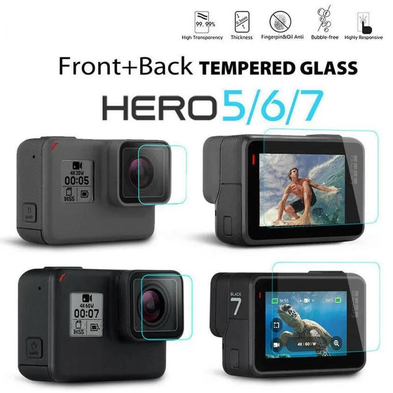 Transparent tempered glass screen and lens protector set for GoPro Hero 5 6 7 cameras