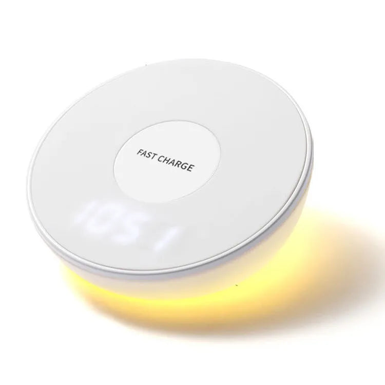 White wireless phone charger with digital clock display and three control buttons
