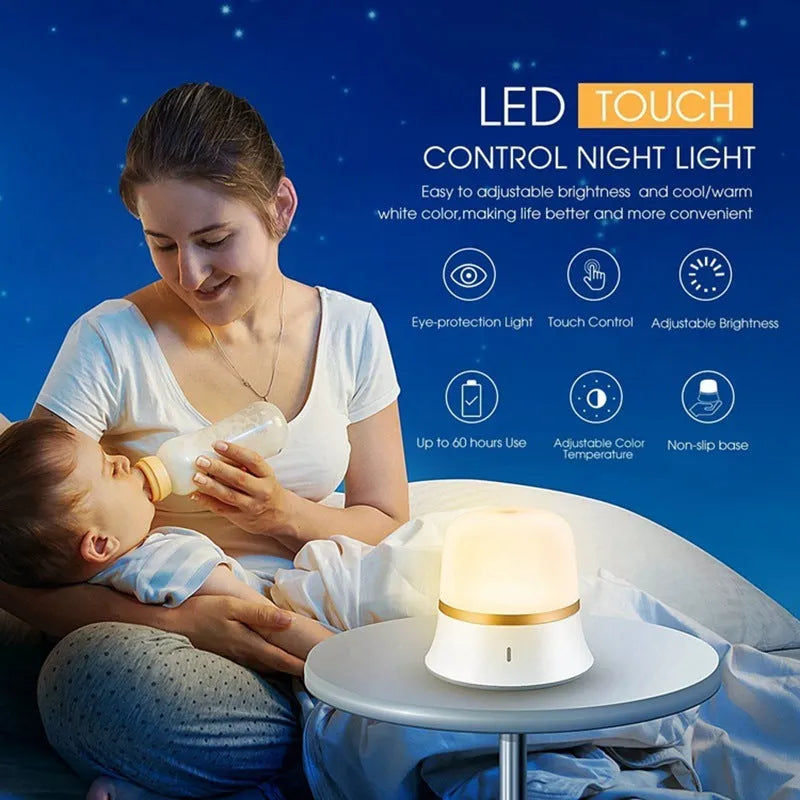 White bedside touch control night light with motion sensor, shown with warm white glow.