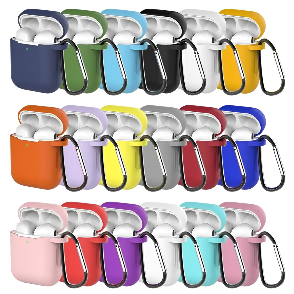 Silicone clamshell case for Apple AirPods 1 and 2 in multiple colour options on a white background.