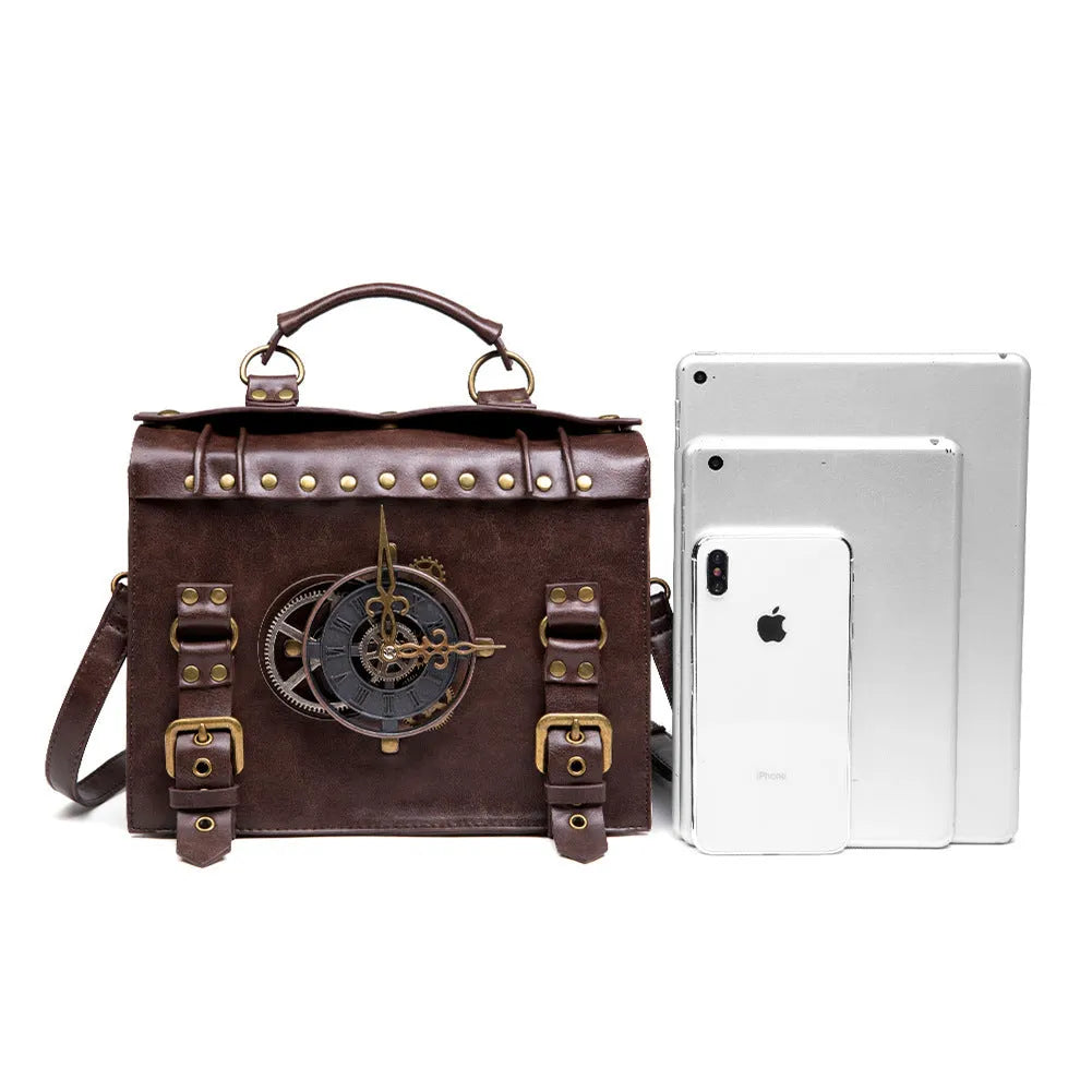 Bronze steampunk industrial retro shoulder bag with horizontal square pillow design and metal accents
