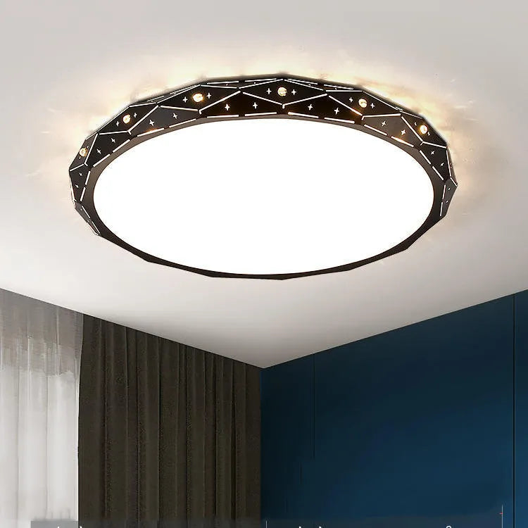 Round LED ceiling light with iron frame shown in black and white finish options