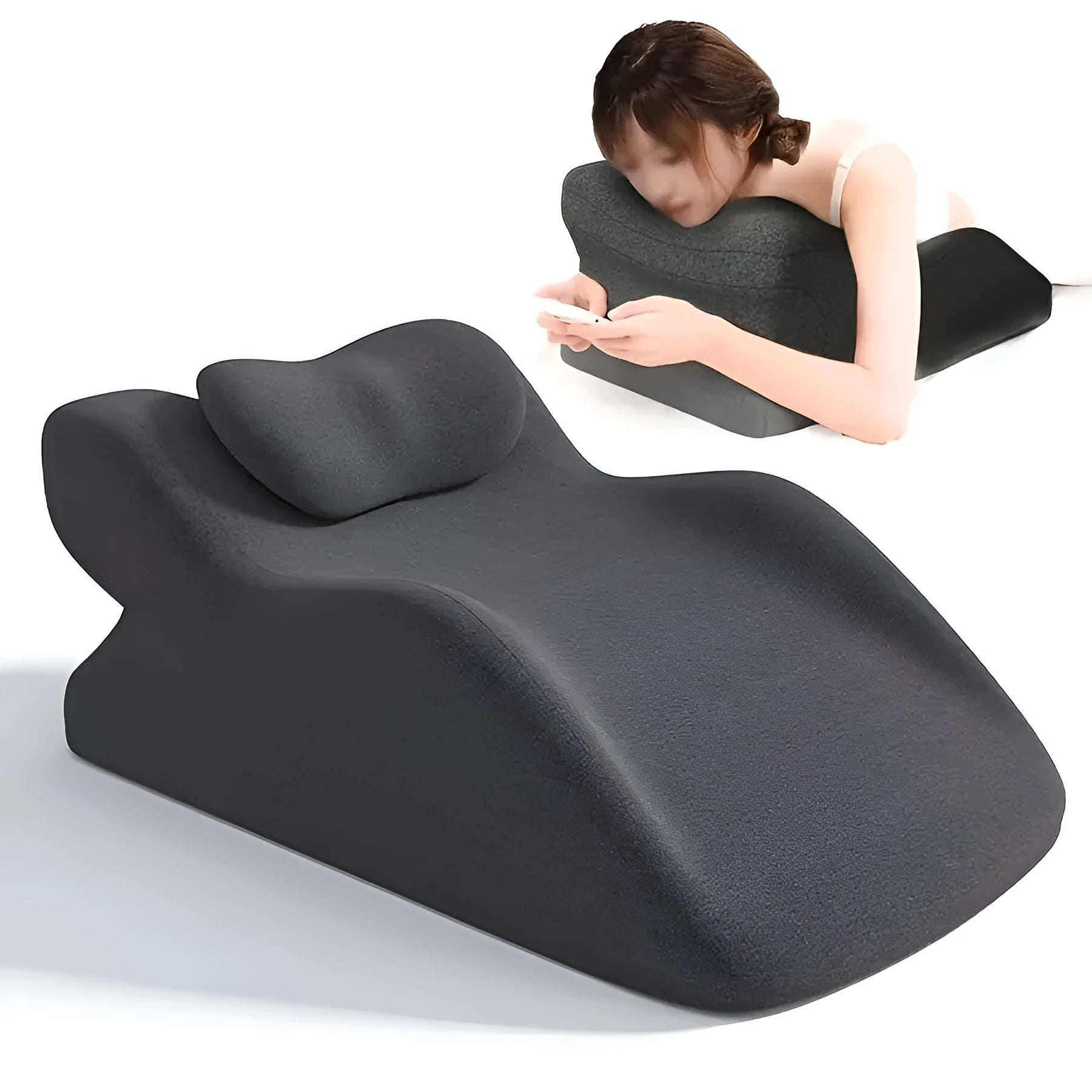 A stomach sleeper's pillow in a choice of blue, dark grey, green, or light grey, shown supporting a person lying on their front.