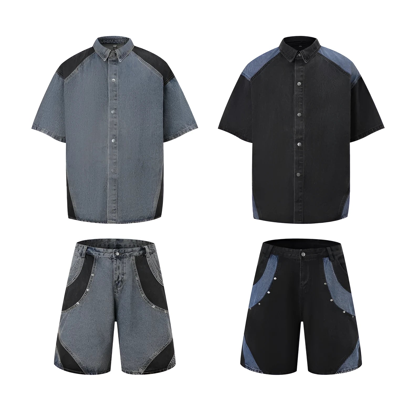 Retro washed blue denim short-sleeve jacket and trouser suit set laid flat.