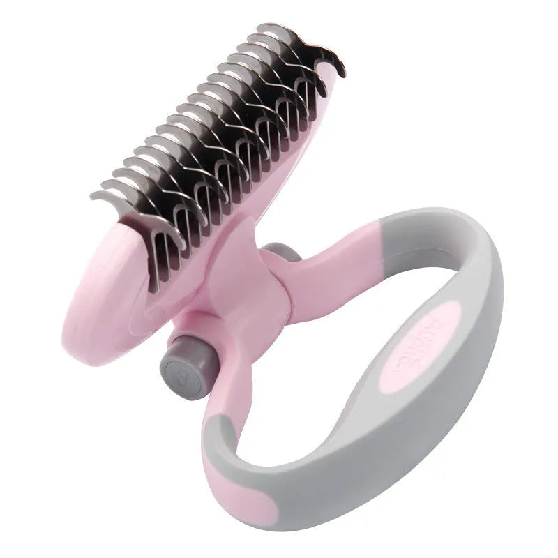 Rotating dual-head dog comb knot remover in blue with steel teeth and TPR handle on white background
