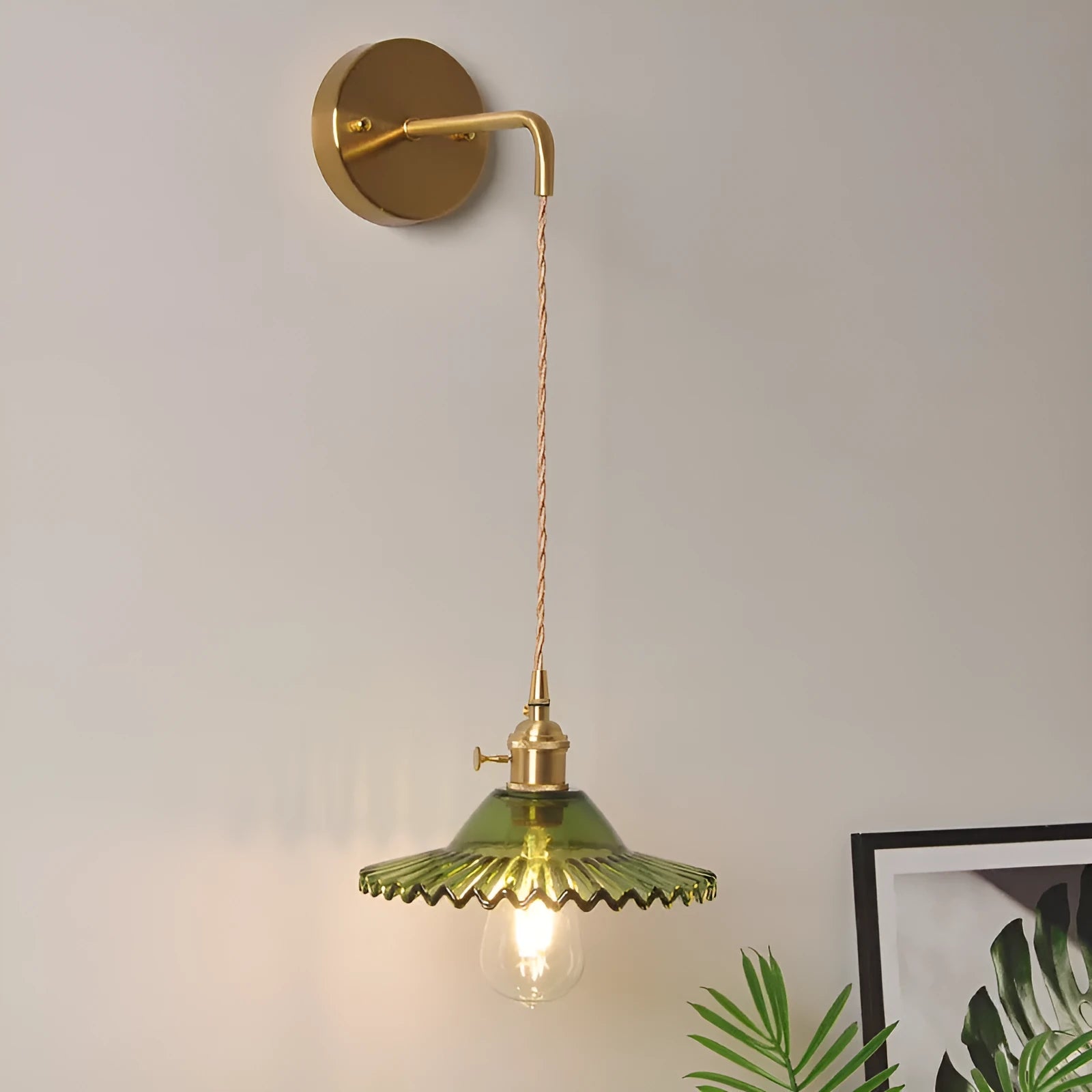 Retro brass lotus wall lamp with copper body and glass shade in six colour options