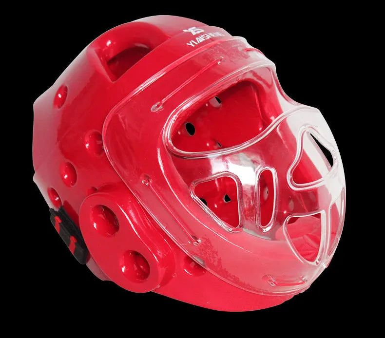 Karate helmet protective equipment in white, blue and red colours with multiple size options
