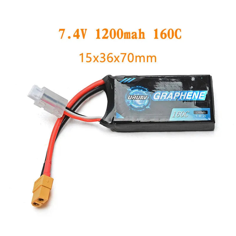 1200mAh 7.4V lithium battery for RC cars and ships measuring 15x36x70mm